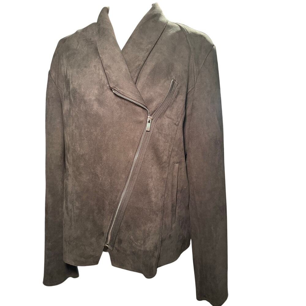 Tahari Brown Faux Suede Moto Jacket, Asymmetrical Zip Draped Collar, Large